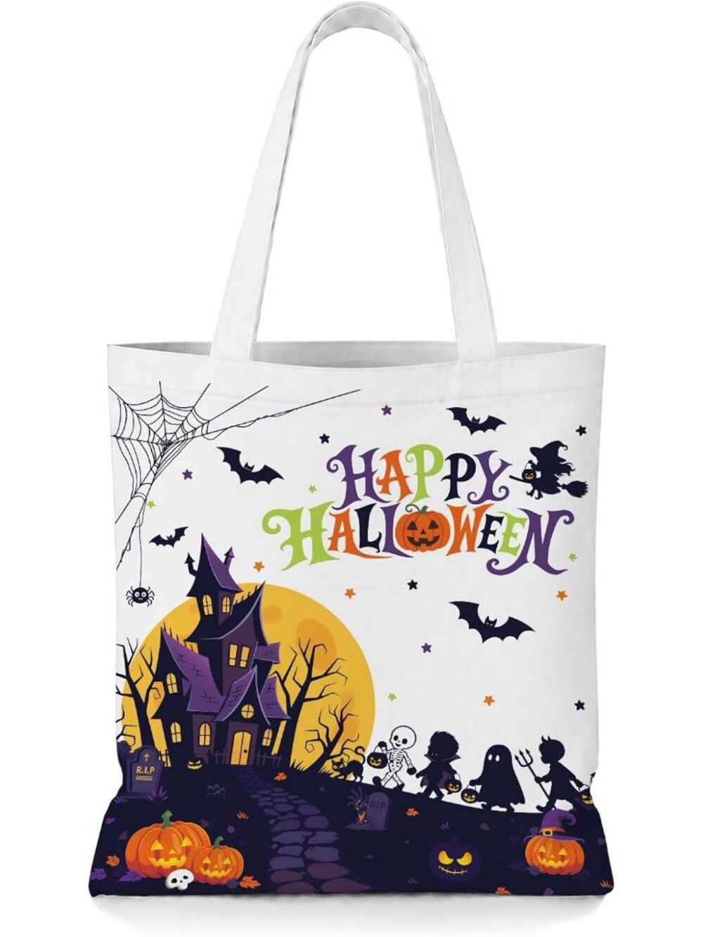 13.8" Halloween White Tote Bag Large Reusable Canvas Trick Treat Bags Halloween